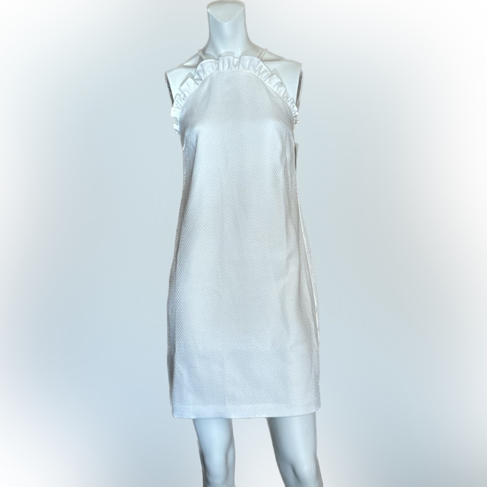 NWT Trina Turk White Sleeveless Halter Dress + Ruffle Details Neck + Arms SZ 0